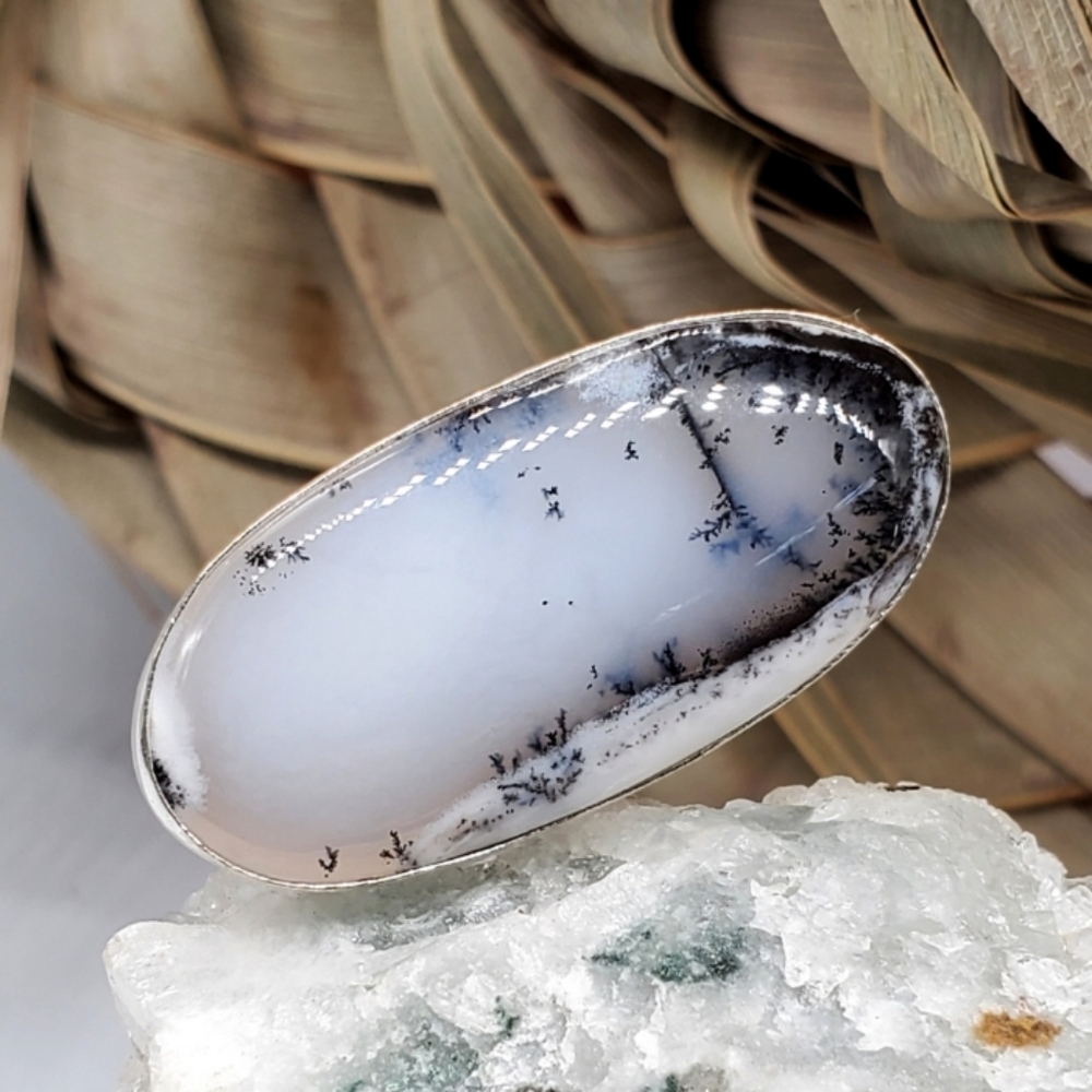 Natural Fossil Agate Stone Rhodium/925 Silver Ring Simple Contemporary Boho